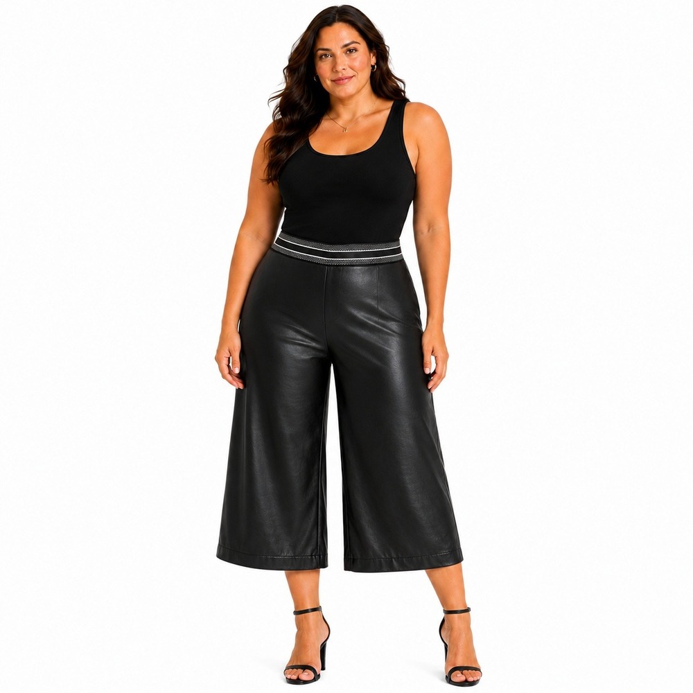 Halogen Black Faux Leather Culottes Wide Leg Cropped Pants PatternedWaist Sz1/Lg